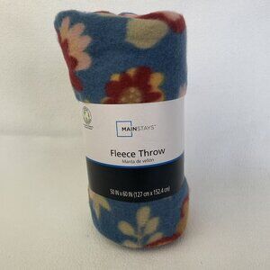 Floral Blue Fleece Throw Blanket 50" x 60"  New Main Stays Cozy